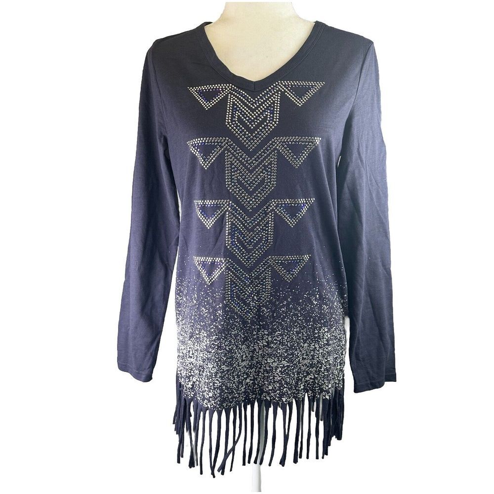 Women's M Fringe Top Ranchy Cowboy Cowgirl Western Tassle Long Sleeve Tunic Stud